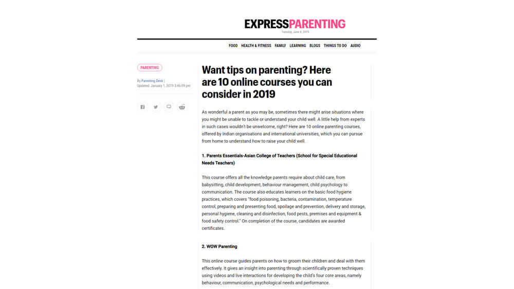 WOW Parenting gets featured on Indian Express